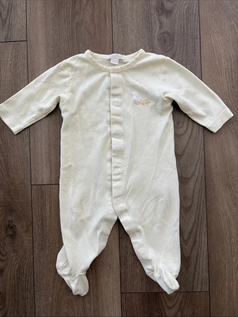 Yellow and white striped Footed Baby One-Piece with Embroidered Duck